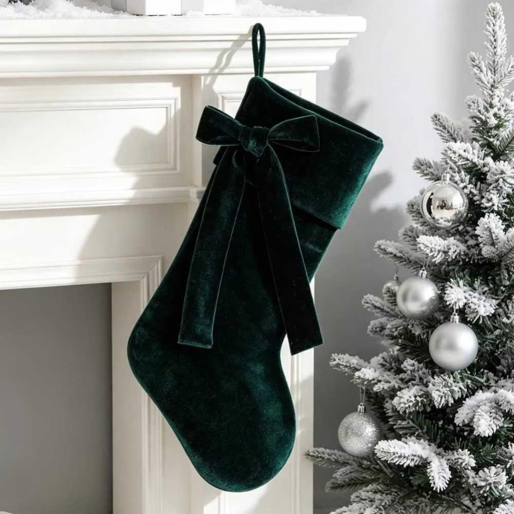 Christmas Stocking Hanging - Düz Renk Kadife Noel Çorabı, Fiyonklu